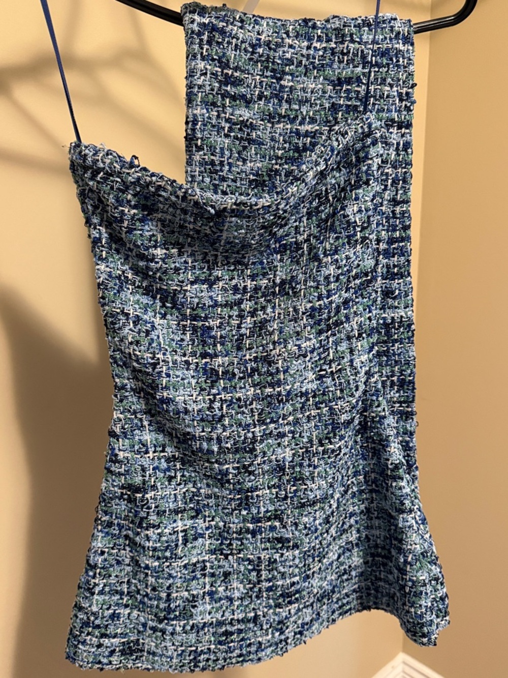 Zara Blue Green Tweed Off-the-Shoulder Sweater